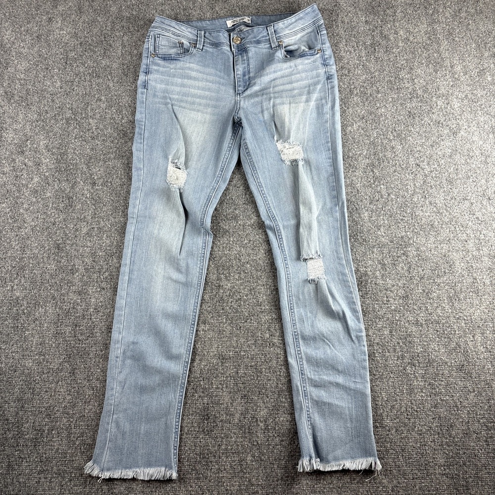 Almost Famous Distressed Raw Hem Fringe Jeans Light Wash Blue Juniors Size 13
